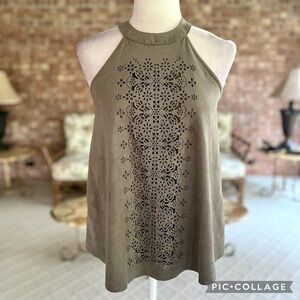 Skylar & Jade Tank TopOlive Green Faux Suede Lasercut High Neck S Festival Chic